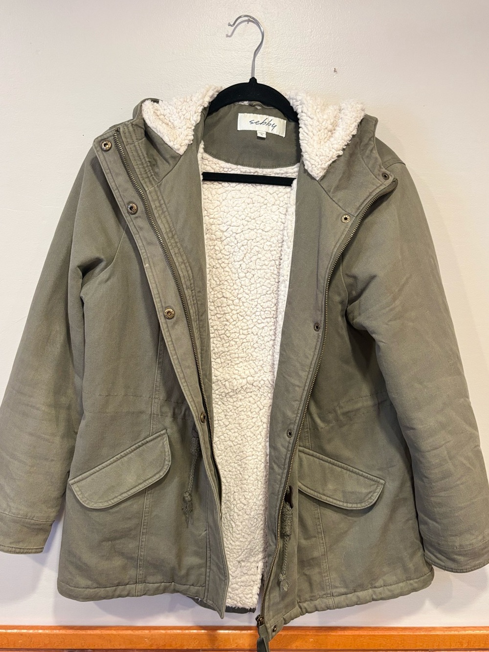 Sebby Olive Green Sherpa Lined Hooded Utility Parka Jacket XL